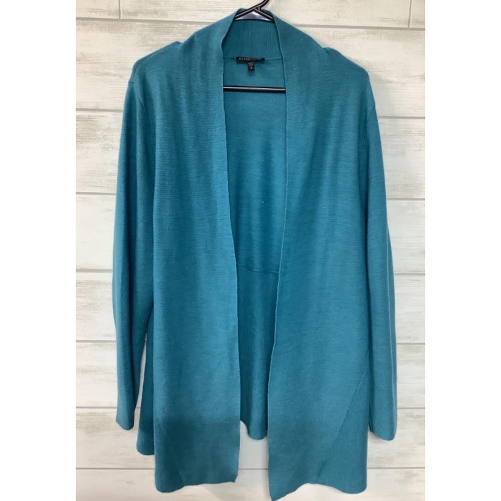 Eileen Fisher Open Front Merino Wool Long-Sleeved Teal Cardigan Women's Size 1X